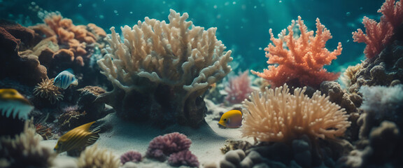 Naklejka na ściany i meble Deep Blue Harmony: Artistic Underwater Photography of Exotic Fish and Coral | Serene Poster Capturing the Beauty of Marine Life