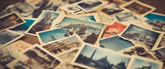 Fototapeta na wymiar Flat Lay of Wanderlust: Horizontal Table Display with Old-Fashioned Photographs and Travel Aspirations