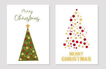 Holiday postcard with New Years Christmas tree. Abstract Christmas Tree made of colorful circles and balls. Layout greeting card template. Vector illustration.