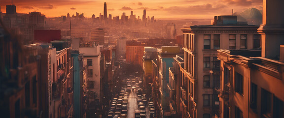 Obraz premium Sunrise Palette: Skyscrapers and Sunbeams - Aerial View of Urban District Overlooking the Skyline and Traffic - Sunset Over City