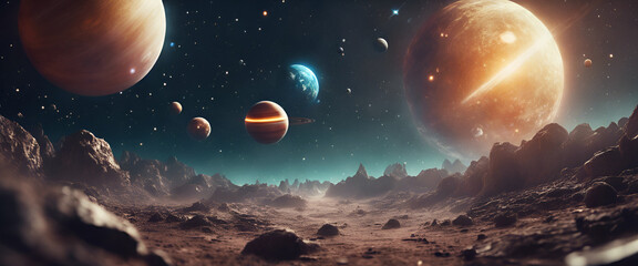 Beyond the Stars: Navigate an Imagined Cosmos with an Illustration of Planets, Galaxies, and Celestial Marvels, Creating an Interstellar Dreamscape - Planet in Space - obrazy, fototapety, plakaty