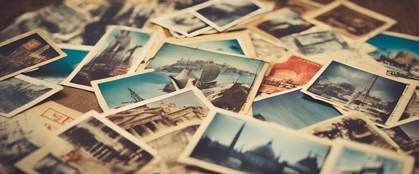 Flat Lay of Wanderlust: Horizontal Table Display with Old-Fashioned Photographs and Travel Aspirations