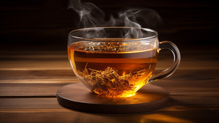 A grand glass cup filled to the brim with steaming herbal tea, nestled among a rustic wooden setting - obrazy, fototapety, plakaty