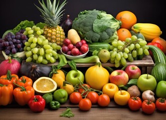 Fruits and vegetables on table. Healthy food - Powered by Adobe