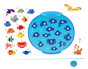 Best puzzles for kids. Can you find the shadow from each fish? Write the numbers. Educational game for children. Play online. Task for attentiveness. IQ test. Vector cartoon illustration.
