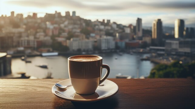A cup of coffee with picturesque cityscapes