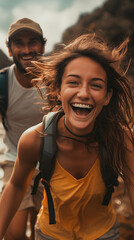 Overjoyed Travelers Explore with Active Leisure: Smiling Tourists Satisfied with Wanderlust Tour, Discovering Locations Outdoors. Destination Exploration. Generative AI