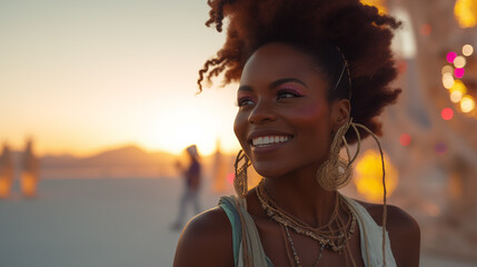Portrait of a beautiful young woman having fun at a summer music festival concert. Generative AI
