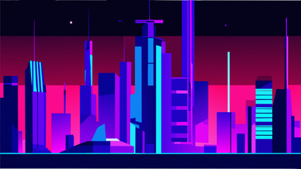 Neon cityscape skyline vektor icon illustation - obrazy, fototapety, plakaty