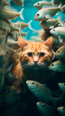 a group candid photo of orange short hair tabby cats in the representation of the world’s largest coral reef system created with Generative Ai