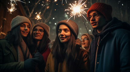 Young Partygoers Capturing the Moment: Taking a Selfie with Fireworks as Backdrop and Sparklers in Hand. Generative AI