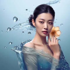 Asiatische Schönheit mit Wasser und Blume in kreativer Ästhetik, Generative AI