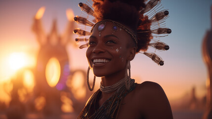 Portrait of a beautiful young woman having fun at a summer music festival concert. Generative AI
