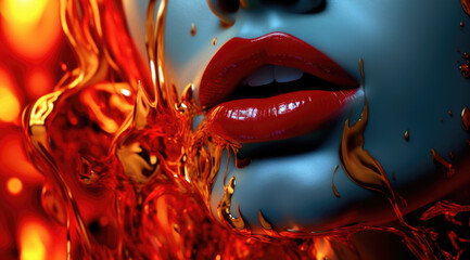 Frau mit rotem Lippenstift und flüssigem Gold-Effekt, Generative AI