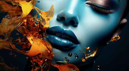 Frau mit futuristischem blauem Lippenstift und Goldflüssigkeit, Generative AI