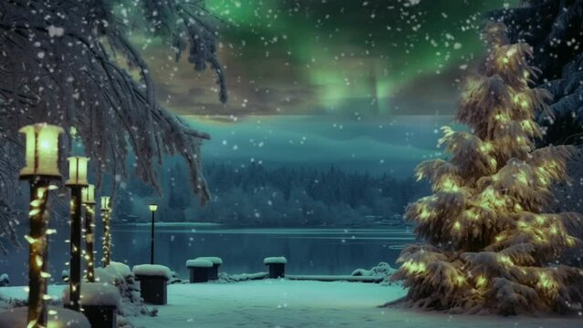 Winter green aurora borealis shining in the night sky over a snowy mountain ridge near a lake at night. seamless looping 4k  time-lapse virtual video animation background. Generated AI