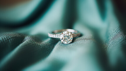Jewellery, proposal and holiday gift, diamond engagement ring on green silk fabric, symbol of love, romance and commitment