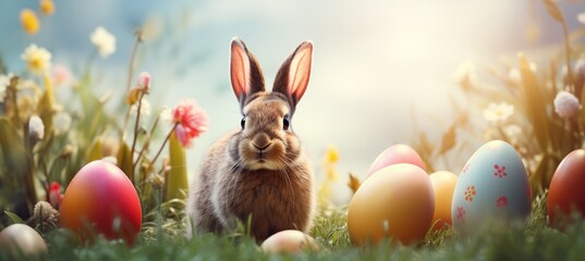 Springtime Celebration: Cute Bunny Frolicking in a Joyous Atmosphere of Easter Eggs. Generative AI - obrazy, fototapety, plakaty