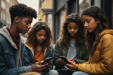 Teenagers in a circle holding in their hands, Modern youth using mobile phones on the street, The digital generation - obrazy, fototapety, plakaty