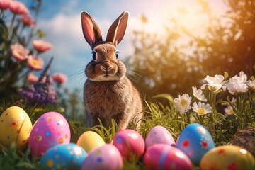 Pastel Paradise: Cute Easter Rabbit in a Joyful Landscape of Colorful Eggs. Generative AI