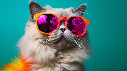 Cat with sunglasses on solid background.