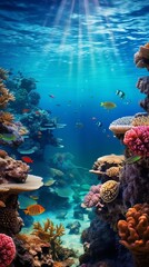 Beautiful underwater coral reefs with fish. Exotic coral reef