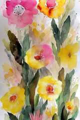 flowers Abstract watercolor painting on paper, yellow, pink, black colors, Ai generated