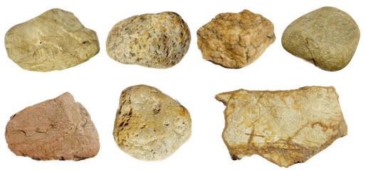 A collection of pebble rock, Cobblestone and rock stone isolated on a transparent background
