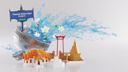 3d rendering illustration background for Songkran festival background in thailand water festival 3d with with blue water splash,thai architecture. ( Translation thai : Songkran Thailand )