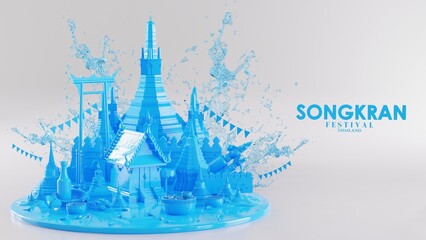 3d rendering illustration background for Songkran festival background in thailand water festival 3d with with blue water splash,thai architecture. ( Translation thai : Songkran Thailand )