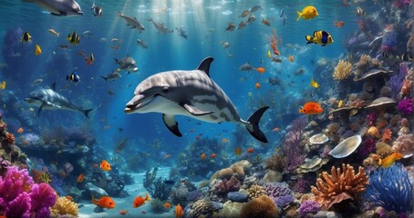 An immersive portrayal of the ocean's wonders, featuring a pristine sea teeming with a kaleidoscope of marine life, from playful dolphins to colorful schools of tropical -Generative Ai