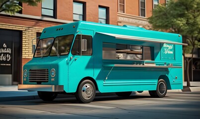 Blue Food Truck in Photorealistic Turquoise and Bronze Still Life -Metropolitan Culinary Oasis