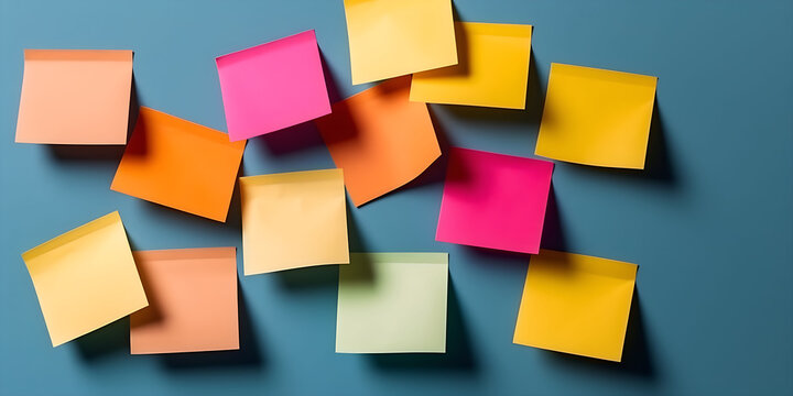 Colorful sticky notes on blue background, concept of business, strategy, creativity