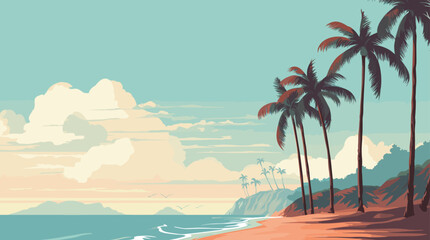 Fototapeta na wymiar vector postcard reminiscent of a tropical beach resort, featuring palm trees, classic typography, and a retro color palette relaxed atmosphere of a seaside vacation