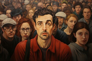 Candid Man portrait on crowded street. Confident male in front of urban mass people. Generate ai