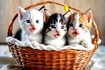 Beautiful and cute kittens inside a basket, adorable for a postcard.