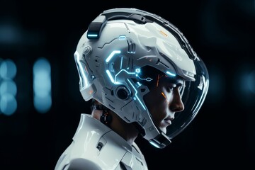 Futuristic Man cyber helmet. Play neon game. Generate Ai