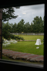 Preparations for outdoors wedding ceremony.