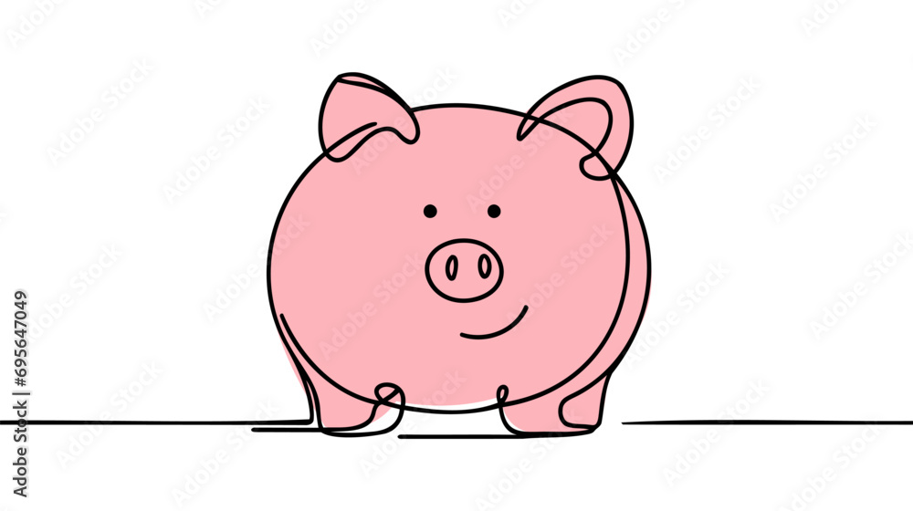 Poster piggy bank in continuous line art drawing style. pig moneybox black linear sketch isolated on white 