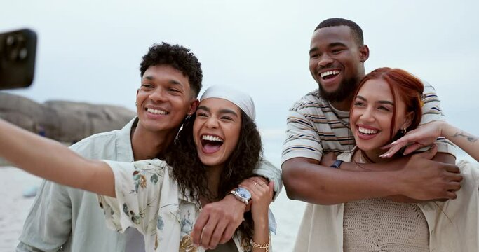 Friends, beach selfie and excited with smile, hug and happy couple with peace sign for blog on vacation. Men, women and gen z people with diversity, holiday or laugh for photography for social media