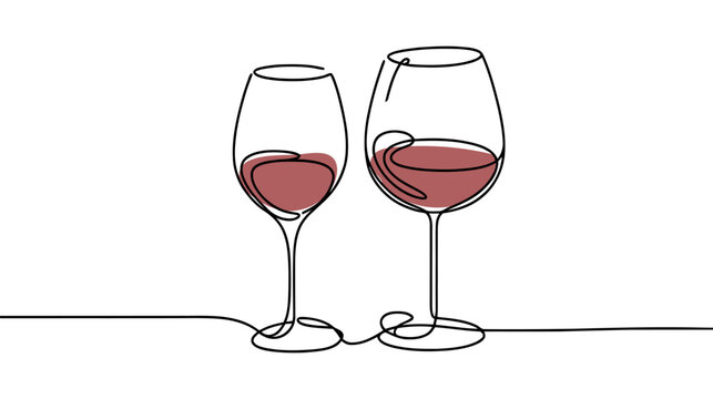 Continuous one line drawing of two glasses of red wine. Minimalist linear concept of celebrate and cheering.