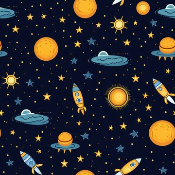 seamless pattern with rocket, space, stars on a blue background. Print for fabric. Children's design. wallpaper. endless background