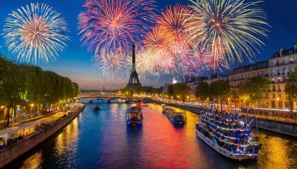 Feux d'artifice à Paris avec des bateaux qui défilent sur la Seine