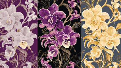 collection of fabrics with intricate vector floral patterns showcasing exotic orchids, offering a luxurious and unique textile option. featuring intricate orchid patterns © LM
