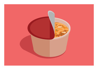 Hot soup noodle in a plastic bowl. Simple flat illustration.
