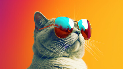 Cat with sunglasses on solid background. - obrazy, fototapety, plakaty