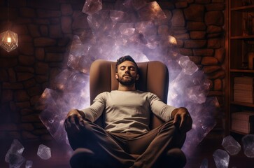 Man during crystal healing session in therapy room. Heal soul inner male patient. Generate Ai