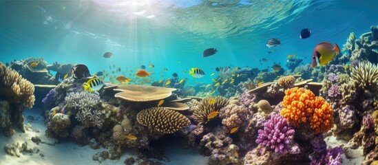 Naklejka na ściany i meble Tropical Scenery With Life Under the Sea, Fish and Coral Reefs.