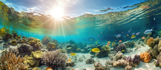 Tropical Scenery With Life Under the Sea, Fish and Coral Reefs.