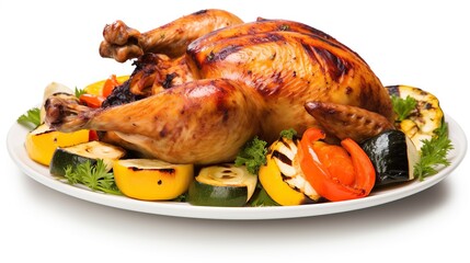 roasted chicken, grilled chicken,grilled chicken with vegetables on a plate on a white background